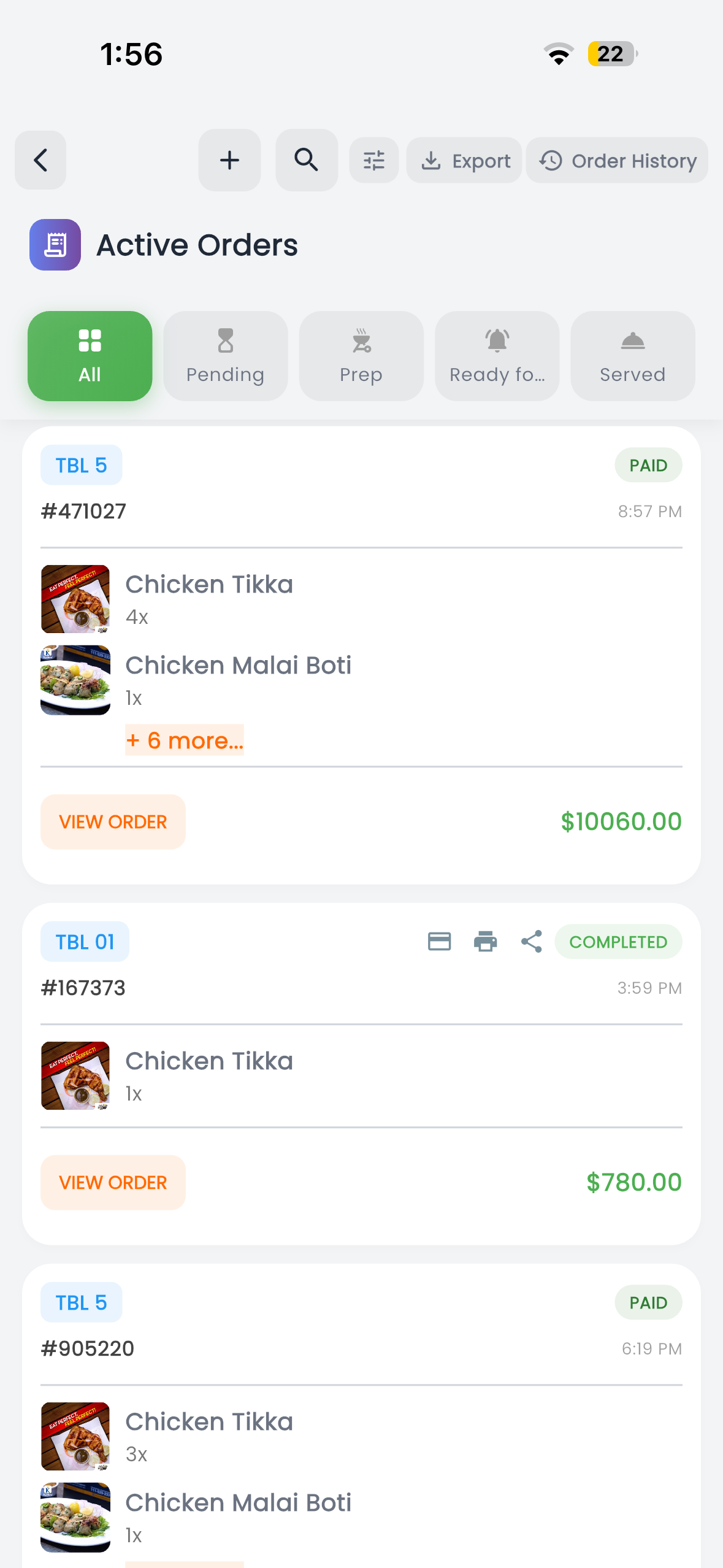 Dinease table checkout screen