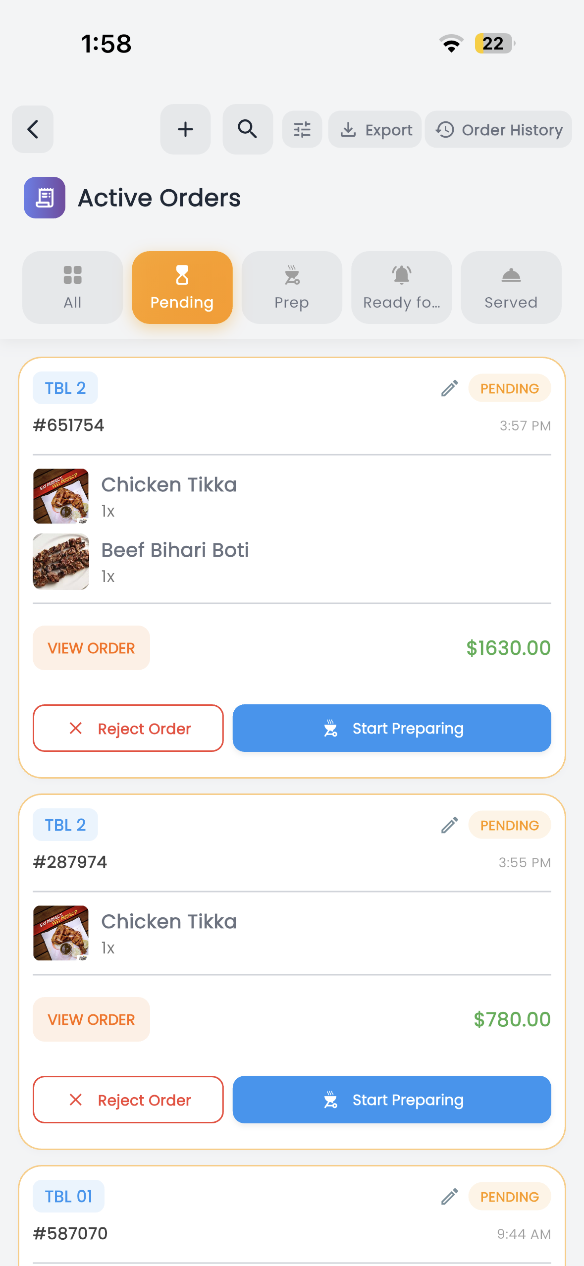 Dinease kitchen order queue screen