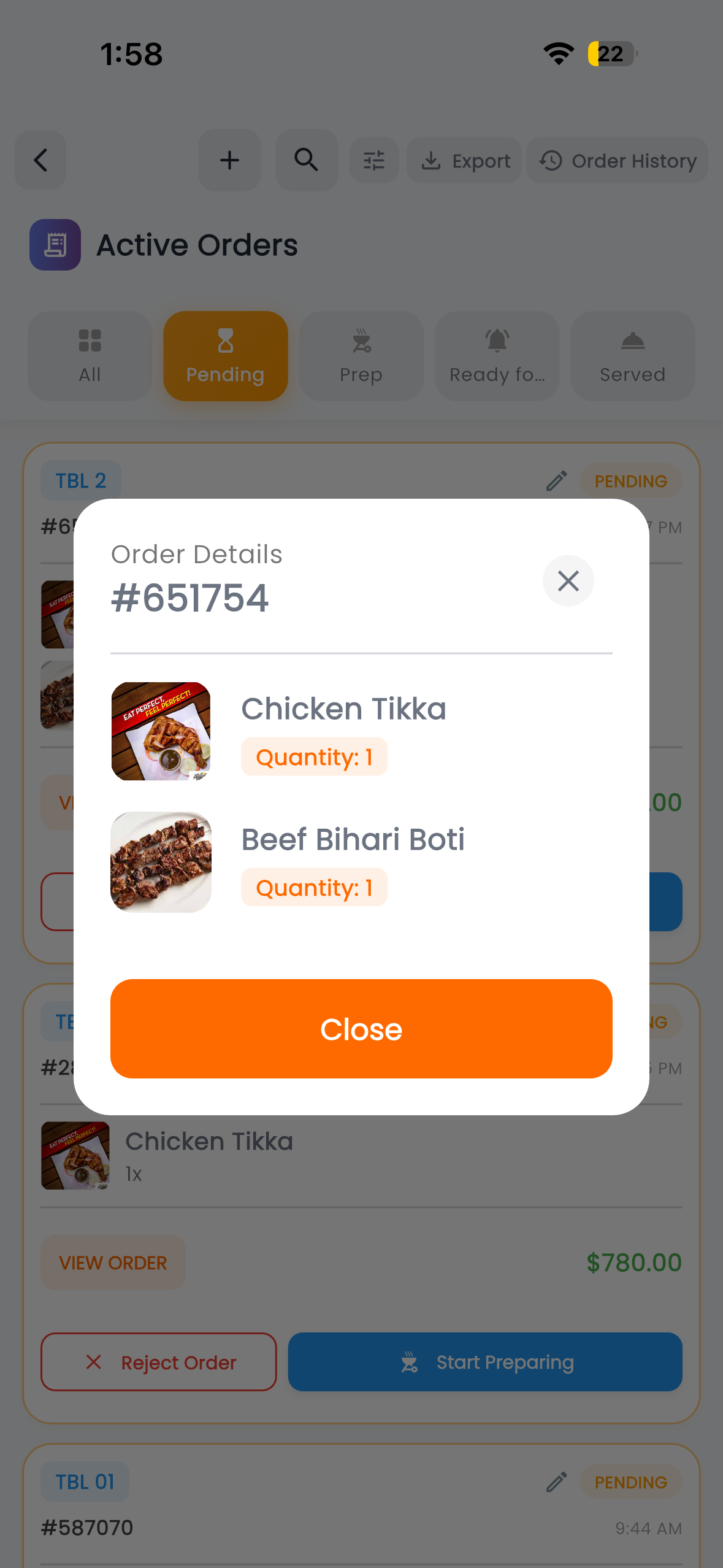 Dinease single order ticket screen