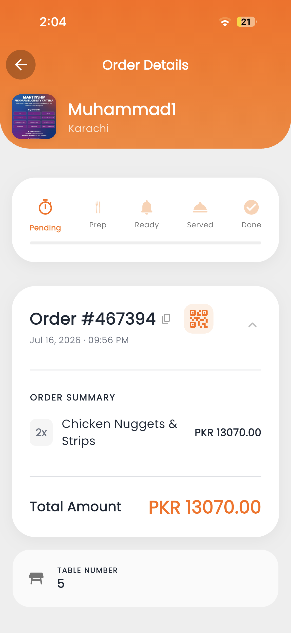 Dinease live order tracking screen