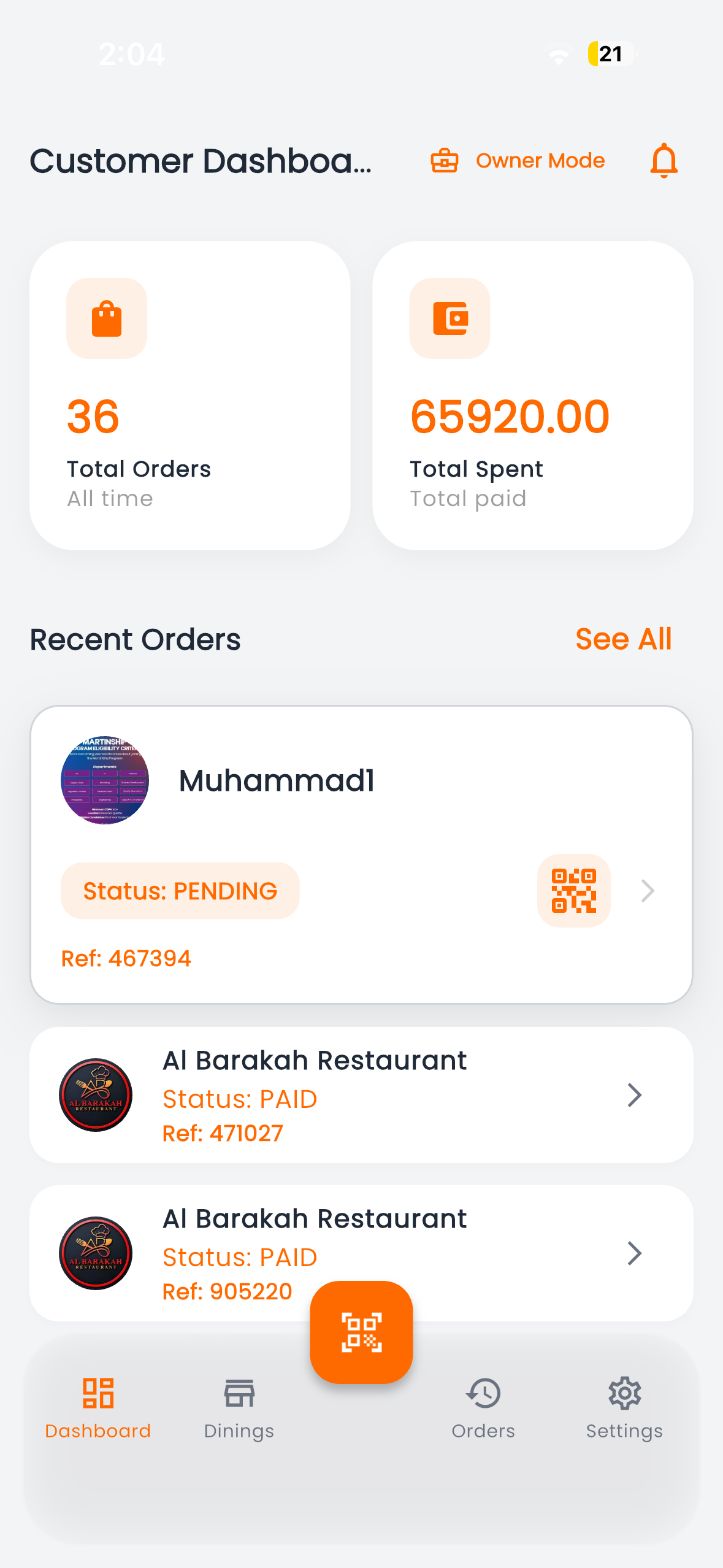 Dinease personal dining dashboard screen
