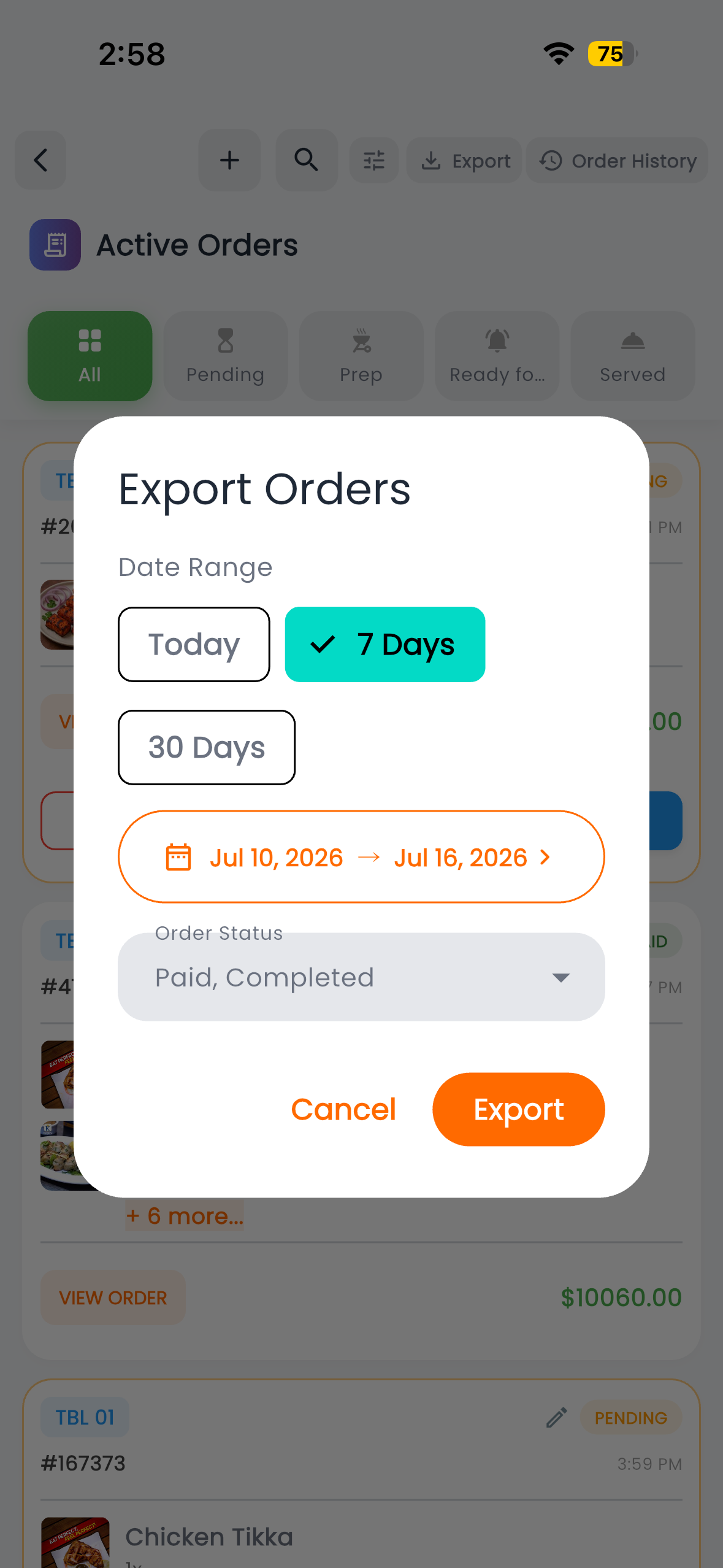 Dinease order export to CSV and Excel screen