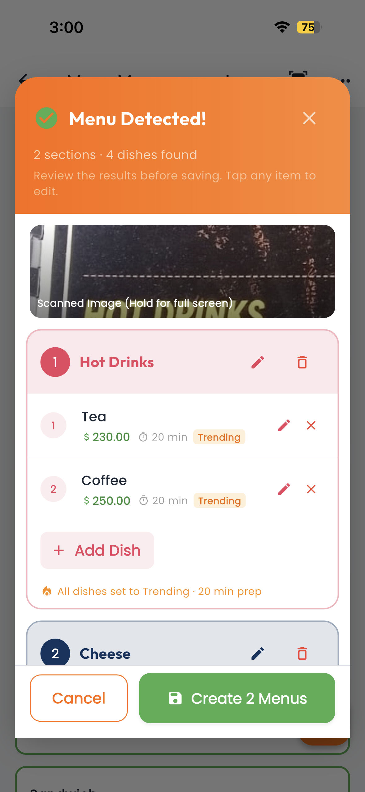 Dinease AI menu scan screen