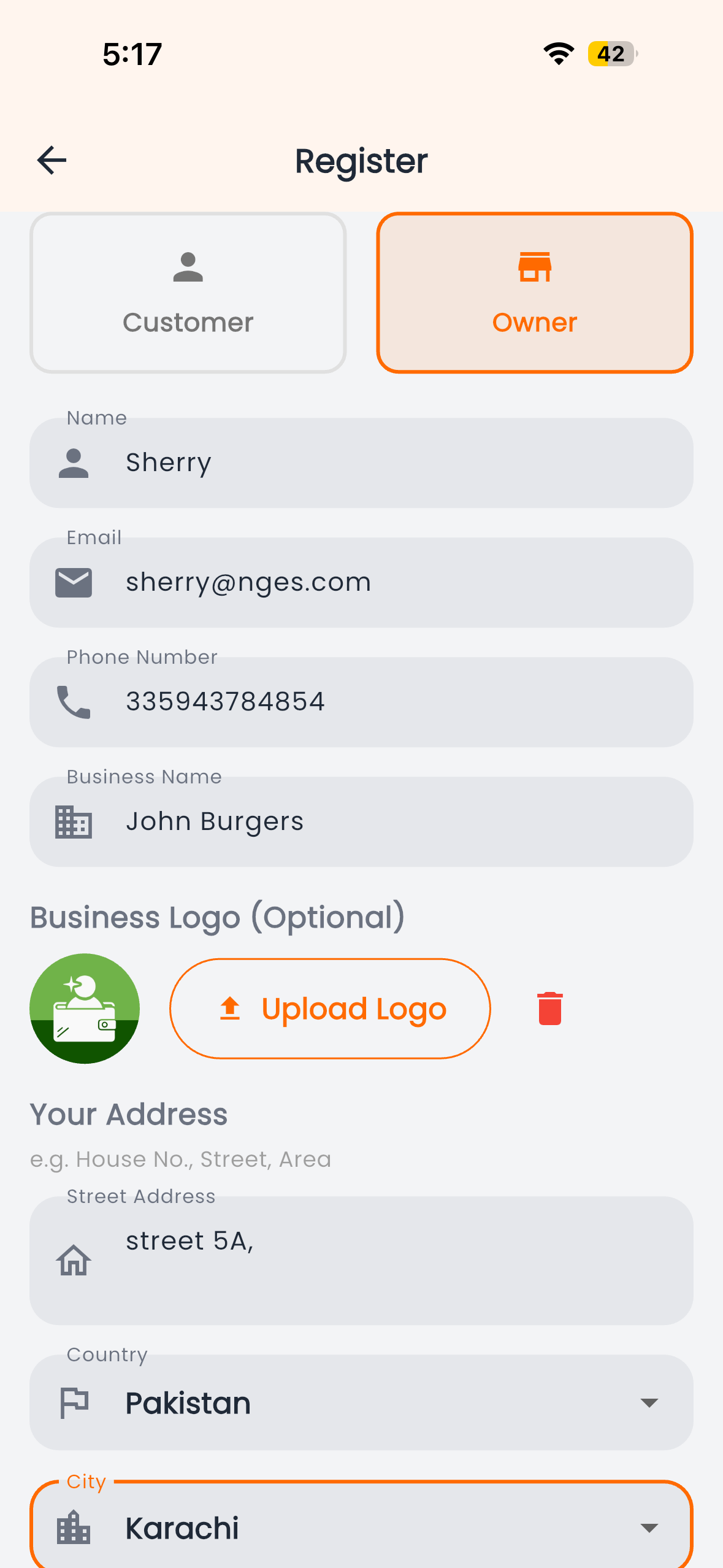 Dinease owner account sign-up screen