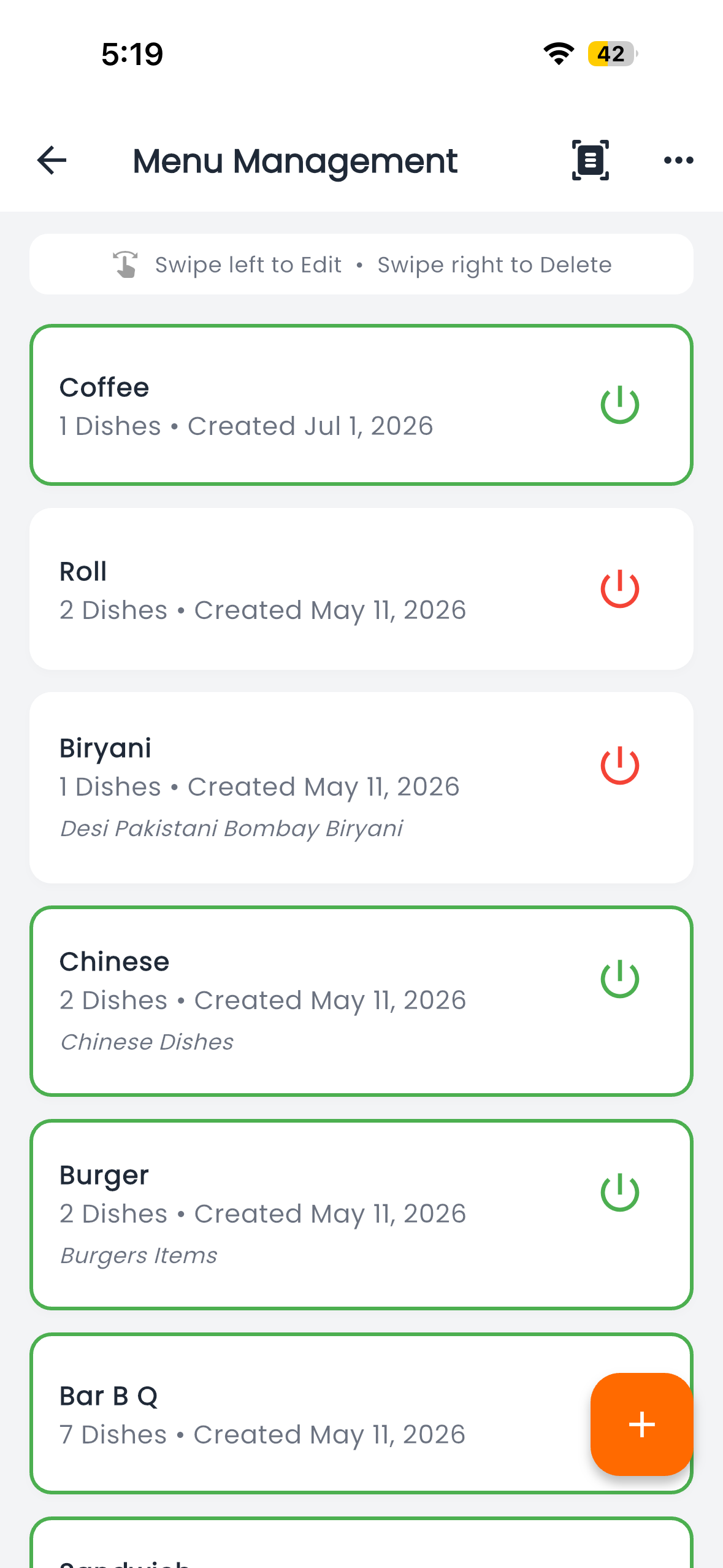 Dinease menu builder screen