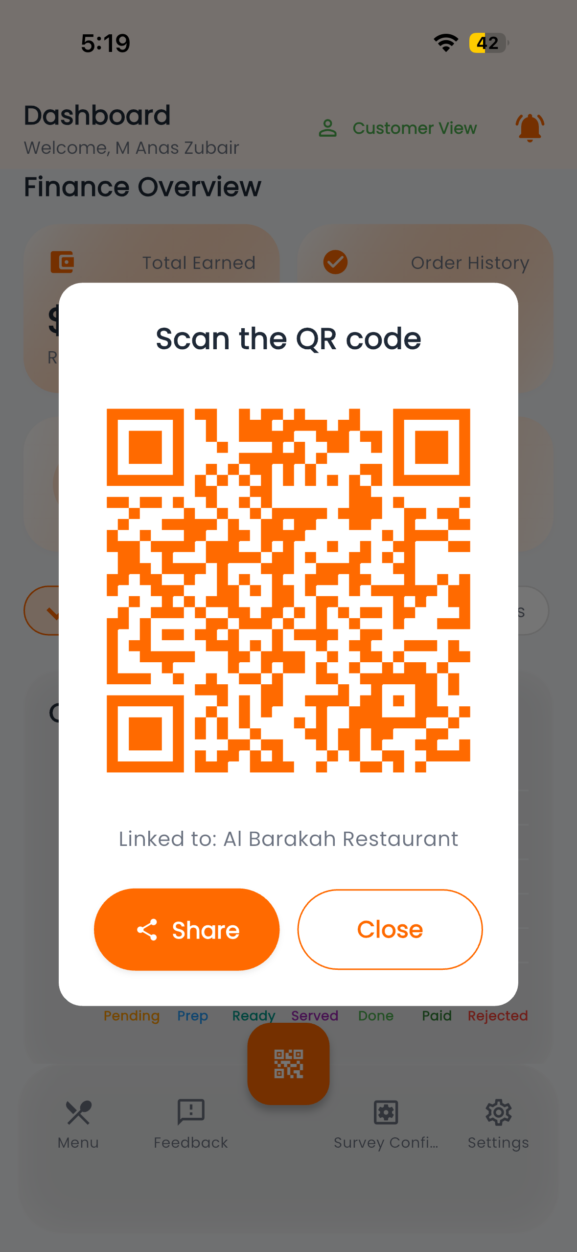 Dinease live order dashboard screen