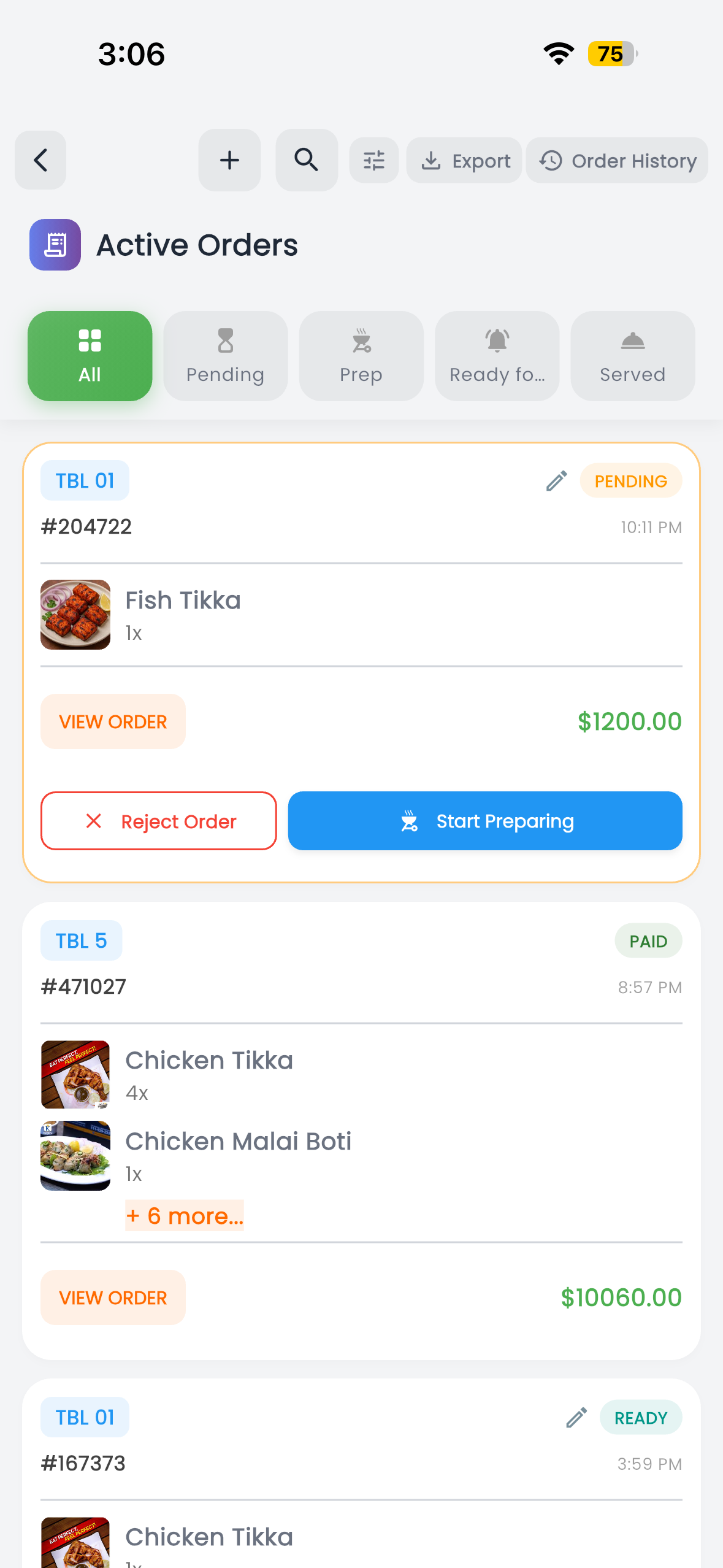 Dinease kitchen order queue screen