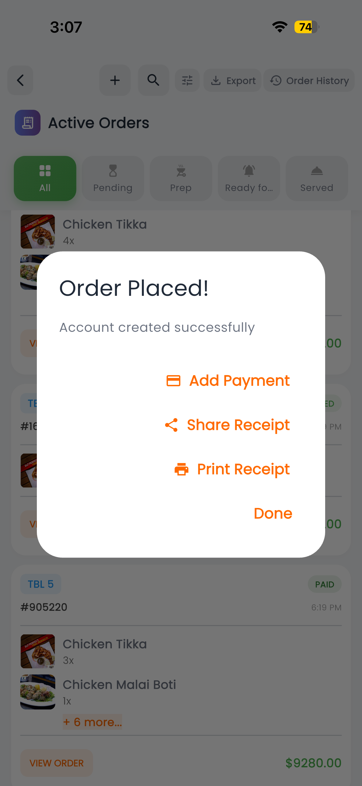 Dinease itemized bill and checkout screen